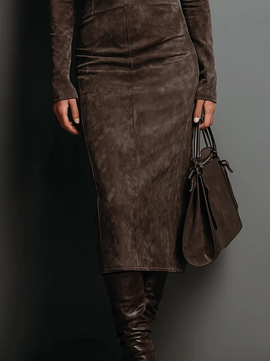 Seraphina High Neck Long Sleeve Suede Midi Dress