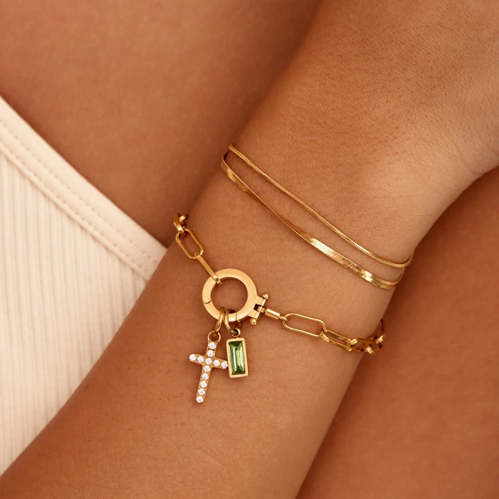 Paperclip Birthstone Cross Charm Bracelet